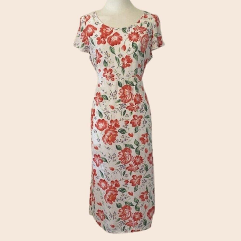 Vintage 90's Sheer White Floral Midi Dress with Back Tie Size Medium